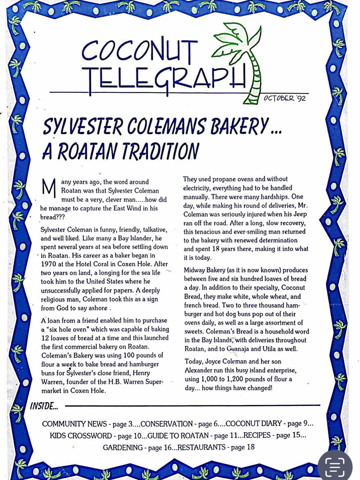 Cover image of the first issue of Roatan's Coconut Telegraph magazine from October 1992, with Coconut Telegraph logo at the top of the page followed by the article entitled "Sylvester Colemans Bakery ... A Roatan Tradition"