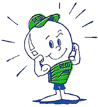 "Recoman" cartoon graphic - former mascot of RECO (Roatan Electric Company), depicted by a lightbulb with arms and legs wearing a green "RECO" hat and shirt, smiling with one cocked eyebrow and flexing his muscles
